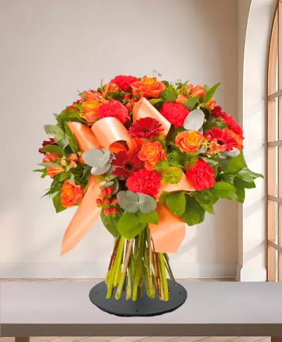 Bouquet funéraire blanc avec roses, eustomas et ruban satin, atelier lillois