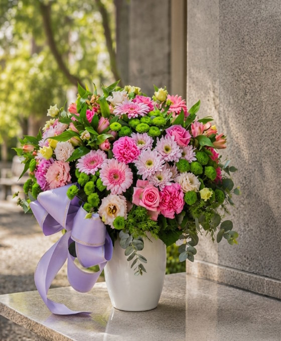 Bouquet funéraire rose en vase — Aurore Rosée, fleurs de deuil livrées à Lille
