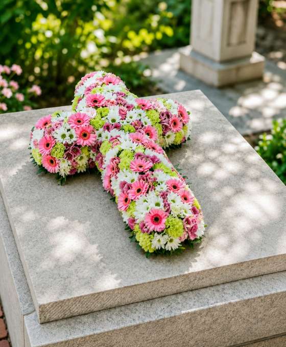 Croix funéraire fleurie rose et blanche — Croix du Souvenir, fleurs de deuil livrées à Lille